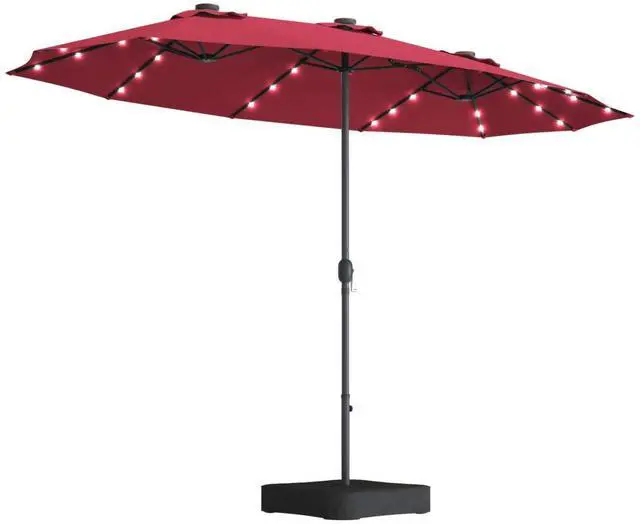 Main image of 15 Ft Solar Patio Umbrella with Base, Extra Large Outdoor Double-Sided Twin Umbrella with 36 LED Lights & Crank Handle for Garden, Deck, Poolside, Patio (Burgundy)