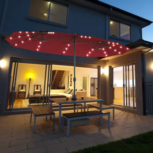 Alt view image 2 of 6 - 15 Ft Solar Patio Umbrella with Base, Extra Large Outdoor Double-Sided Twin Umbrella with 36 LED Lights & Crank Handle for Garden, Deck, Poolside, Patio (Burgundy)