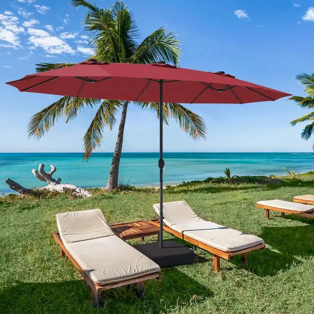 Alt view image 3 of 6 - 15 Ft Solar Patio Umbrella with Base, Extra Large Outdoor Double-Sided Twin Umbrella with 36 LED Lights & Crank Handle for Garden, Deck, Poolside, Patio (Burgundy)