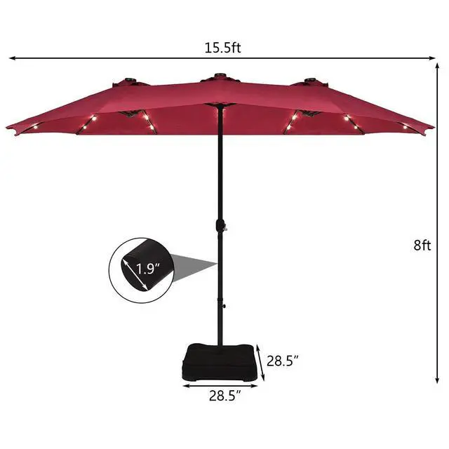 Alt view image 5 of 6 - 15 Ft Solar Patio Umbrella with Base, Extra Large Outdoor Double-Sided Twin Umbrella with 36 LED Lights & Crank Handle for Garden, Deck, Poolside, Patio (Burgundy)