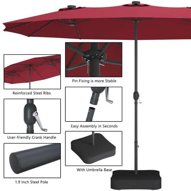 Alt view image 6 of 6 - 15 Ft Solar Patio Umbrella with Base, Extra Large Outdoor Double-Sided Twin Umbrella with 36 LED Lights & Crank Handle for Garden, Deck, Poolside, Patio (Burgundy)