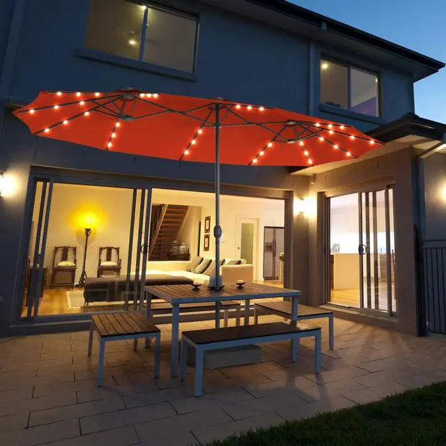 Alt view image 2 of 6 - 15 Ft Solar Patio Umbrella with Base, Extra Large Outdoor Double-Sided Twin Umbrella with 36 LED Lights & Crank Handle for Garden, Deck, Poolside, Patio (Orange)