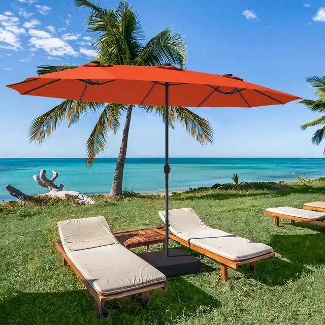 Alt view image 3 of 6 - 15 Ft Solar Patio Umbrella with Base, Extra Large Outdoor Double-Sided Twin Umbrella with 36 LED Lights & Crank Handle for Garden, Deck, Poolside, Patio (Orange)