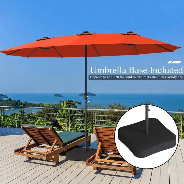 Alt view image 4 of 6 - 15 Ft Solar Patio Umbrella with Base, Extra Large Outdoor Double-Sided Twin Umbrella with 36 LED Lights & Crank Handle for Garden, Deck, Poolside, Patio (Orange)