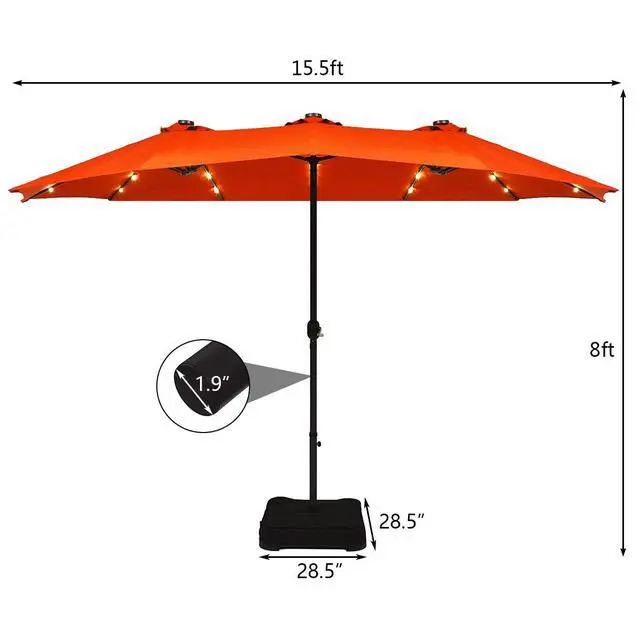 Alt view image 5 of 6 - 15 Ft Solar Patio Umbrella with Base, Extra Large Outdoor Double-Sided Twin Umbrella with 36 LED Lights & Crank Handle for Garden, Deck, Poolside, Patio (Orange)