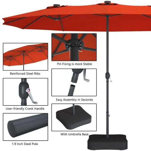 Alt view image 6 of 6 - 15 Ft Solar Patio Umbrella with Base, Extra Large Outdoor Double-Sided Twin Umbrella with 36 LED Lights & Crank Handle for Garden, Deck, Poolside, Patio (Orange)