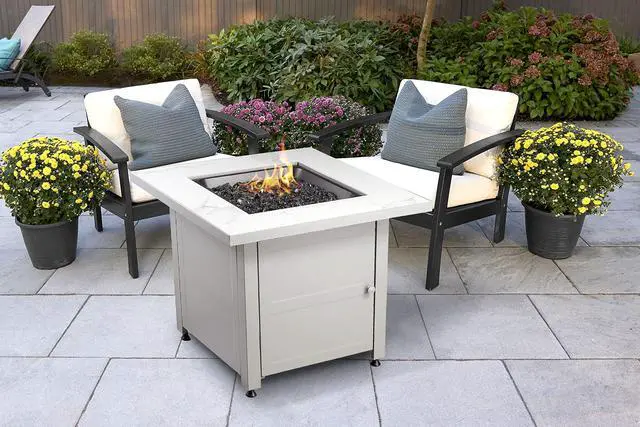 Alt view image 4 of 6 - 30" Square Gas Firepit with Faux Marble Mantel and Stamped Steel Base