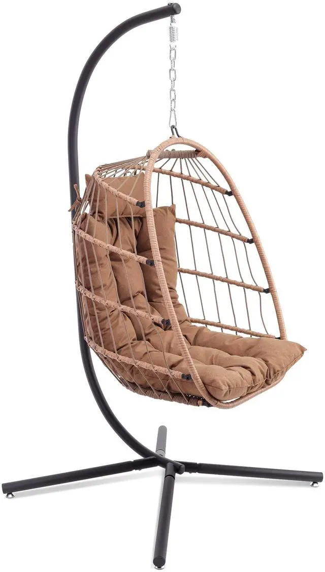 Main image of Hanging Egg Chair w/Stand - Wicker Rattan Swing, Padded Cushion | Foldable Design, Weather-Resistant Cushion & Padded Headrest Included, 350 lb Capacity, Great for Patio, Backyard & Bedroom