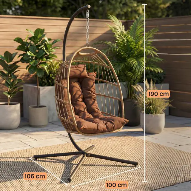 Alt view image 2 of 6 - Hanging Egg Chair w/Stand - Wicker Rattan Swing, Padded Cushion | Foldable Design, Weather-Resistant Cushion & Padded Headrest Included, 350 lb Capacity, Great for Patio, Backyard & Bedroom
