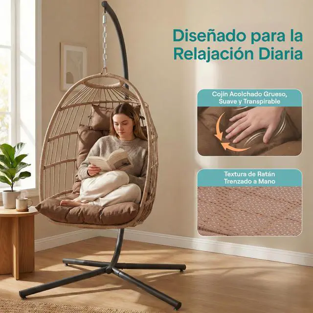 Alt view image 3 of 6 - Hanging Egg Chair w/Stand - Wicker Rattan Swing, Padded Cushion | Foldable Design, Weather-Resistant Cushion & Padded Headrest Included, 350 lb Capacity, Great for Patio, Backyard & Bedroom