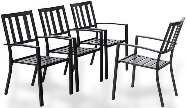Main image of Outdoor Metal Dining Chairs, Black Wrought Iron Stacking Armchairs, Outside Seating Furniture for Patio Deck, Yard, Porch | 4 PCS | Slat Back