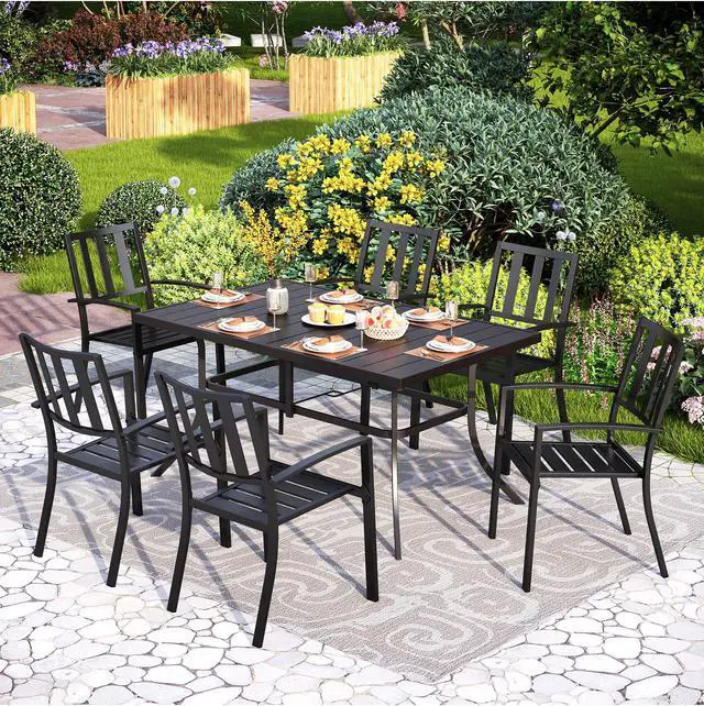 Alt view image 2 of 6 - Outdoor Metal Dining Chairs, Black Wrought Iron Stacking Armchairs, Outside Seating Furniture for Patio Deck, Yard, Porch | 4 PCS | Slat Back