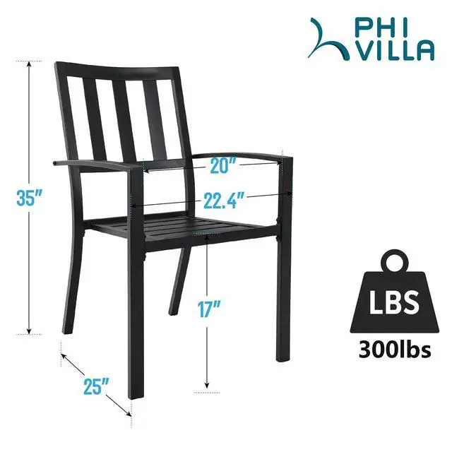 Alt view image 3 of 6 - Outdoor Metal Dining Chairs, Black Wrought Iron Stacking Armchairs, Outside Seating Furniture for Patio Deck, Yard, Porch | 4 PCS | Slat Back