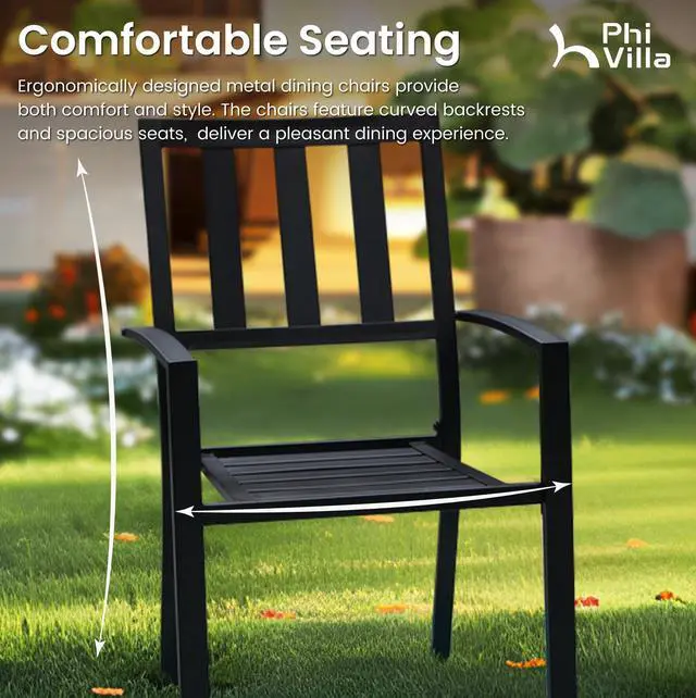 Alt view image 4 of 6 - Outdoor Metal Dining Chairs, Black Wrought Iron Stacking Armchairs, Outside Seating Furniture for Patio Deck, Yard, Porch | 4 PCS | Slat Back