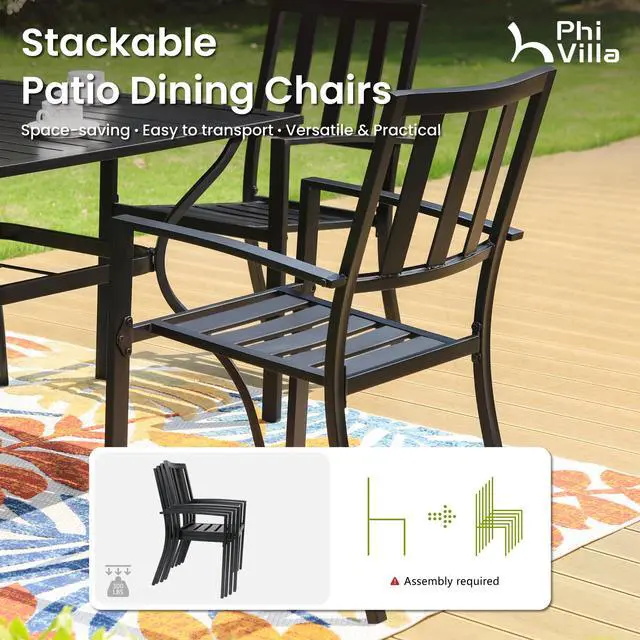 Alt view image 5 of 6 - Outdoor Metal Dining Chairs, Black Wrought Iron Stacking Armchairs, Outside Seating Furniture for Patio Deck, Yard, Porch | 4 PCS | Slat Back