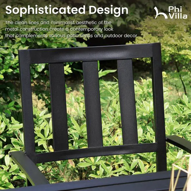 Alt view image 6 of 6 - Outdoor Metal Dining Chairs, Black Wrought Iron Stacking Armchairs, Outside Seating Furniture for Patio Deck, Yard, Porch | 4 PCS | Slat Back