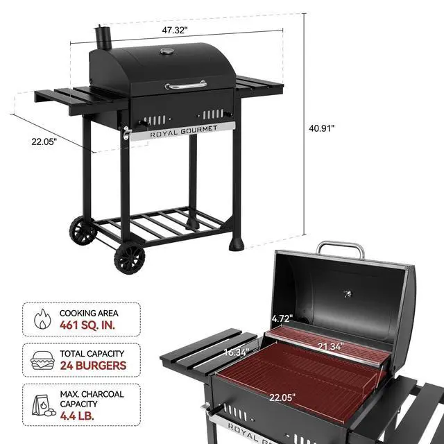 Alt view image 2 of 6 - 24-Inch Movable Charcoal BBQ Grill with Foldable Side Shelves, Temperature-Controlled, 461 Sq., Ideal for Backyard Party, Outdoor Picnic, Patio Cooking, Garden Grilling, Black