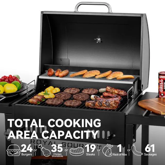 Alt view image 4 of 6 - 24-Inch Movable Charcoal BBQ Grill with Foldable Side Shelves, Temperature-Controlled, 461 Sq., Ideal for Backyard Party, Outdoor Picnic, Patio Cooking, Garden Grilling, Black