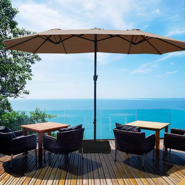 Alt view image 2 of 6 - 15 Ft Patio Double Sided Umbrella with Base, Outdoor Extra Large Market Umbrella with Crank Handle, Outdoor Twin Table Umbrella Base Included, Umbrella with Crank and Base