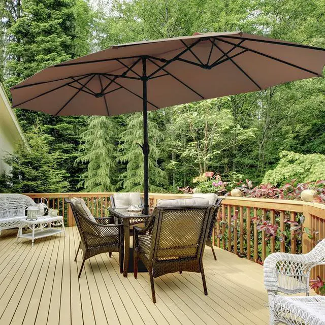 Alt view image 3 of 6 - 15 Ft Patio Double Sided Umbrella with Base, Outdoor Extra Large Market Umbrella with Crank Handle, Outdoor Twin Table Umbrella Base Included, Umbrella with Crank and Base