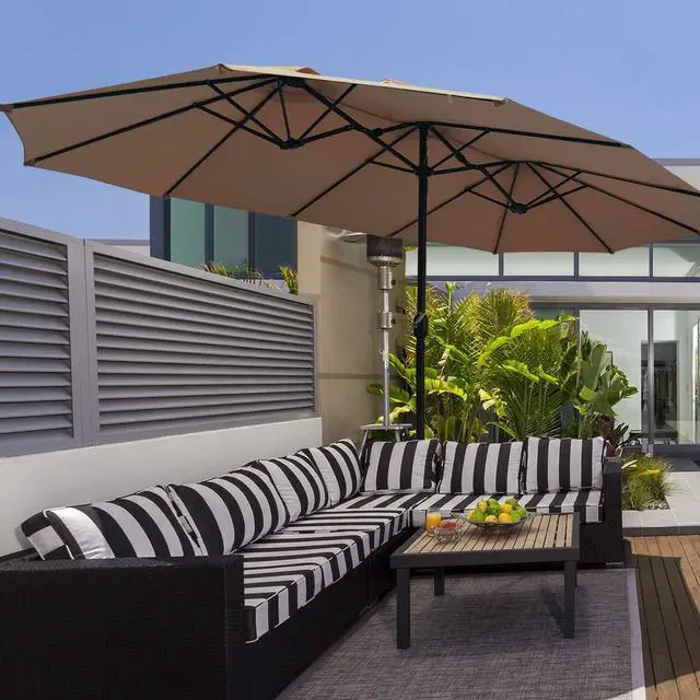 Alt view image 4 of 6 - 15 Ft Patio Double Sided Umbrella with Base, Outdoor Extra Large Market Umbrella with Crank Handle, Outdoor Twin Table Umbrella Base Included, Umbrella with Crank and Base