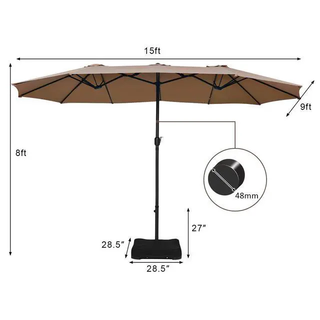 Alt view image 5 of 6 - 15 Ft Patio Double Sided Umbrella with Base, Outdoor Extra Large Market Umbrella with Crank Handle, Outdoor Twin Table Umbrella Base Included, Umbrella with Crank and Base
