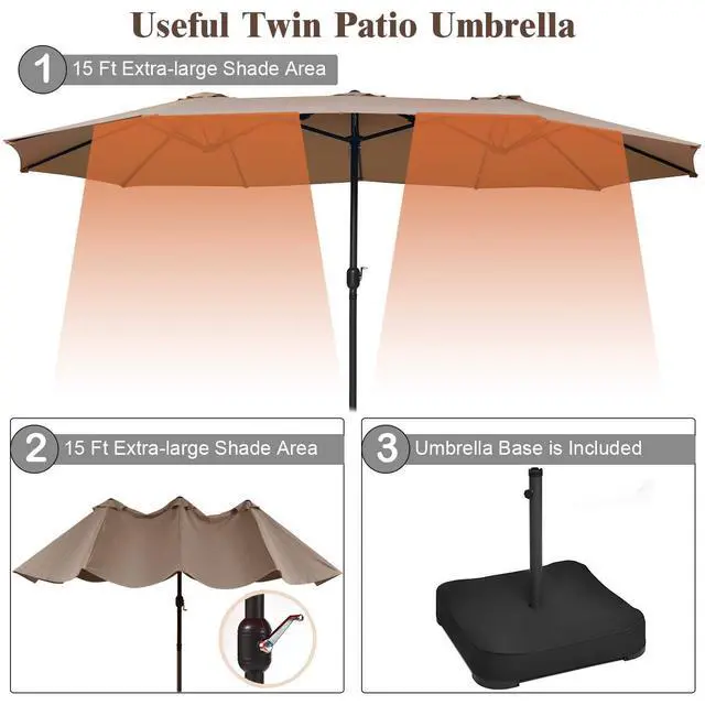 Alt view image 6 of 6 - 15 Ft Patio Double Sided Umbrella with Base, Outdoor Extra Large Market Umbrella with Crank Handle, Outdoor Twin Table Umbrella Base Included, Umbrella with Crank and Base