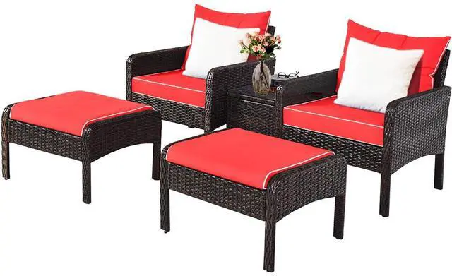 Main image of 5 Pieces Wicker Patio Furniture Set, PE Rattan Outdoor All Weather Cushioned Sofas and Ottoman Set, 2-Person Outside Conversation Set for Lawn, Poolside, Yard, Balcony, Deck, Red