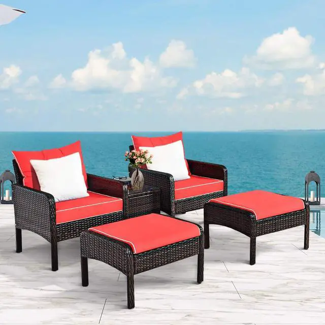 Alt view image 2 of 6 - 5 Pieces Wicker Patio Furniture Set, PE Rattan Outdoor All Weather Cushioned Sofas and Ottoman Set, 2-Person Outside Conversation Set for Lawn, Poolside, Yard, Balcony, Deck, Red