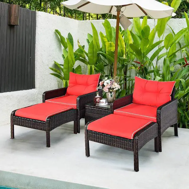 Alt view image 3 of 6 - 5 Pieces Wicker Patio Furniture Set, PE Rattan Outdoor All Weather Cushioned Sofas and Ottoman Set, 2-Person Outside Conversation Set for Lawn, Poolside, Yard, Balcony, Deck, Red