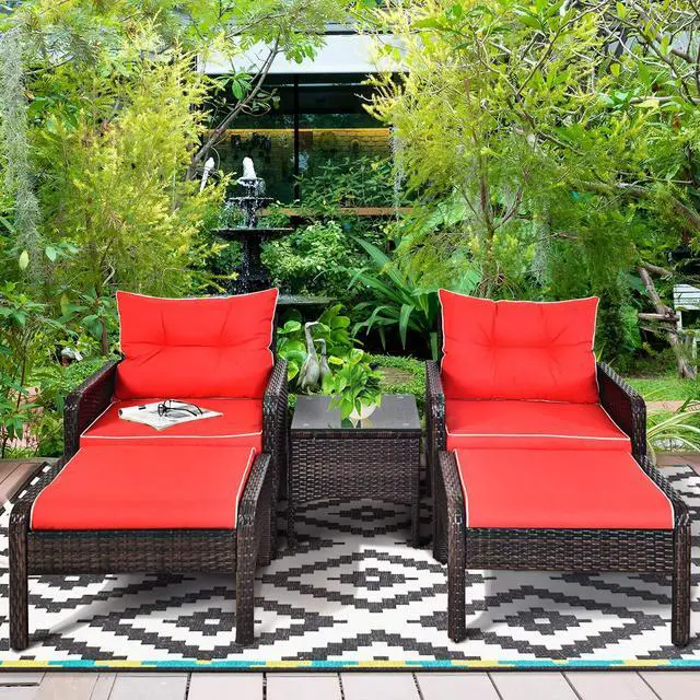 Alt view image 4 of 6 - 5 Pieces Wicker Patio Furniture Set, PE Rattan Outdoor All Weather Cushioned Sofas and Ottoman Set, 2-Person Outside Conversation Set for Lawn, Poolside, Yard, Balcony, Deck, Red