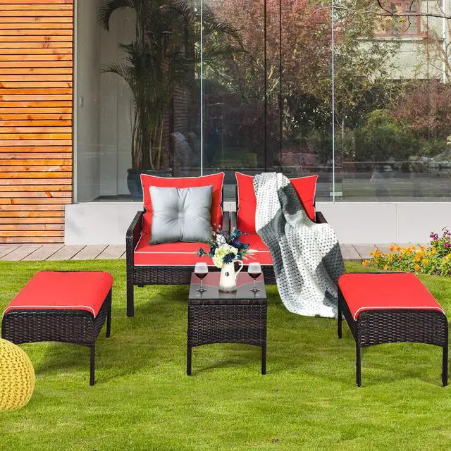 Alt view image 5 of 6 - 5 Pieces Wicker Patio Furniture Set, PE Rattan Outdoor All Weather Cushioned Sofas and Ottoman Set, 2-Person Outside Conversation Set for Lawn, Poolside, Yard, Balcony, Deck, Red