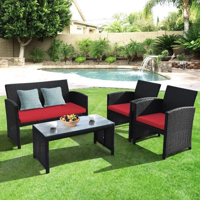 Alt view image 4 of 6 - Rattan Patio Furniture Set 4 Pieces, Outdoor Wicker Conversation Sofa and Table Set with Soft Cushions & Tempered Glass Coffee Table for Balcony Garden Backyard (Red)