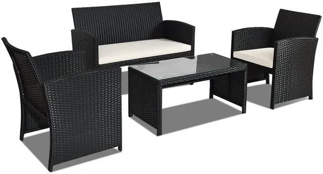 Main image of 4-Piece Rattan Patio Furniture Set, Outdoor Wicker Conversation Sofa with Weather Resistant Cushions and Tempered Glass Tabletop for Lawn Backyard Pool Garden (White(Black Wicker))