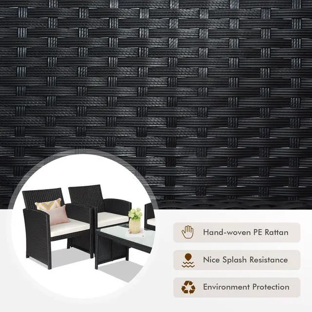 Alt view image 2 of 6 - 4-Piece Rattan Patio Furniture Set, Outdoor Wicker Conversation Sofa with Weather Resistant Cushions and Tempered Glass Tabletop for Lawn Backyard Pool Garden (White(Black Wicker))