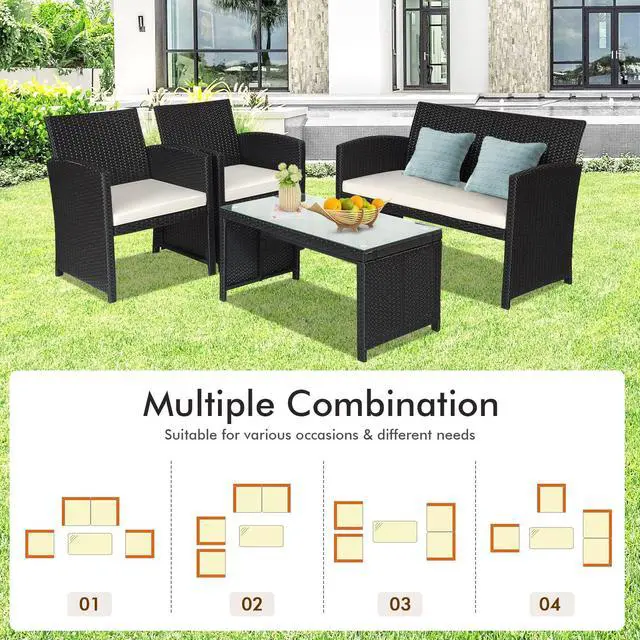 Alt view image 3 of 6 - 4-Piece Rattan Patio Furniture Set, Outdoor Wicker Conversation Sofa with Weather Resistant Cushions and Tempered Glass Tabletop for Lawn Backyard Pool Garden (White(Black Wicker))