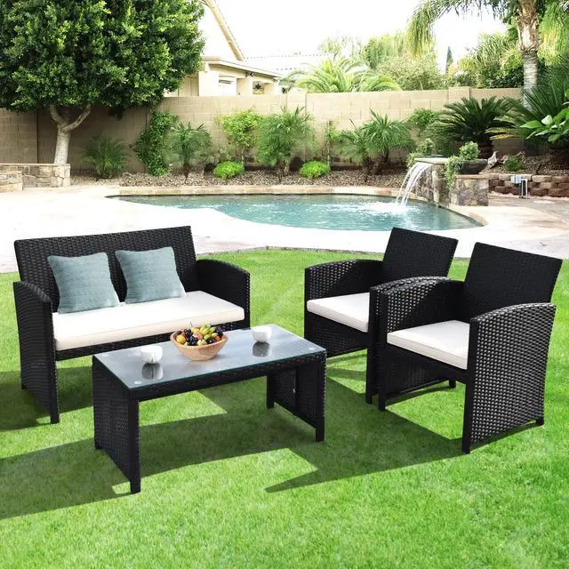 Alt view image 4 of 6 - 4-Piece Rattan Patio Furniture Set, Outdoor Wicker Conversation Sofa with Weather Resistant Cushions and Tempered Glass Tabletop for Lawn Backyard Pool Garden (White(Black Wicker))