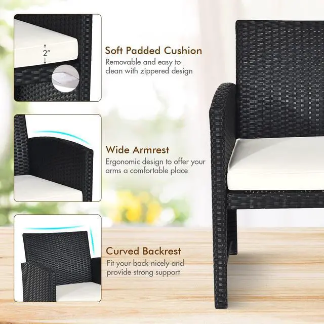 Alt view image 5 of 6 - 4-Piece Rattan Patio Furniture Set, Outdoor Wicker Conversation Sofa with Weather Resistant Cushions and Tempered Glass Tabletop for Lawn Backyard Pool Garden (White(Black Wicker))
