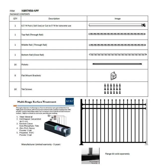Alt view image 5 of 6 - XCEL Black Steel Anti-Rust Fence Panel - Sharp End Pickets - 6.5ft W x 5ft H - Easy Installation - for Residential, Outdoor, Yard, Garden, Swimming Pool, on Concrete or Soil, 3-Rail, One Post included