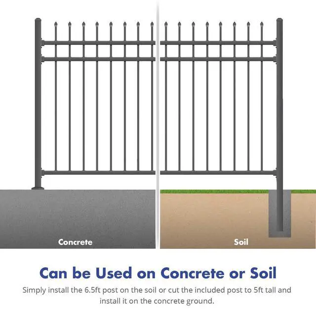 Alt view image 6 of 6 - XCEL Black Steel Anti-Rust Fence Panel - Sharp End Pickets - 6.5ft W x 5ft H - Easy Installation - for Residential, Outdoor, Yard, Garden, Swimming Pool, on Concrete or Soil, 3-Rail, One Post included