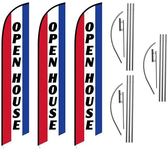 Main image of Three (3) Pack Swooper Flags & Pole Kits Open House Red White Blue Vertical