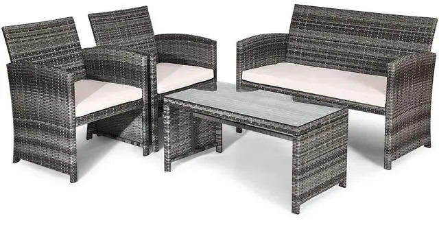 Main image of Rattan Patio Furniture Set 4 Pieces, Outdoor Wicker Conversation Sofa and Table Set with Soft Cushions & Tempered Glass Coffee Table for Balcony Garden Backyard (Beige(Mixed Color Wicker))