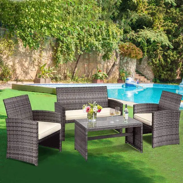 Alt view image 2 of 6 - Rattan Patio Furniture Set 4 Pieces, Outdoor Wicker Conversation Sofa and Table Set with Soft Cushions & Tempered Glass Coffee Table for Balcony Garden Backyard (Beige(Mixed Color Wicker))