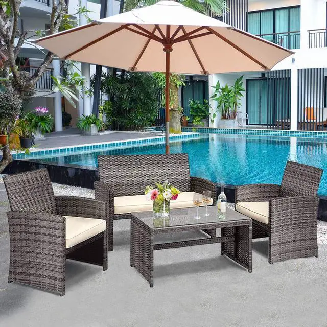 Alt view image 3 of 6 - Rattan Patio Furniture Set 4 Pieces, Outdoor Wicker Conversation Sofa and Table Set with Soft Cushions & Tempered Glass Coffee Table for Balcony Garden Backyard (Beige(Mixed Color Wicker))