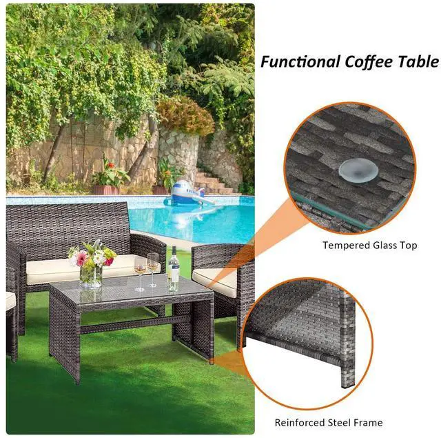 Alt view image 4 of 6 - Rattan Patio Furniture Set 4 Pieces, Outdoor Wicker Conversation Sofa and Table Set with Soft Cushions & Tempered Glass Coffee Table for Balcony Garden Backyard (Beige(Mixed Color Wicker))