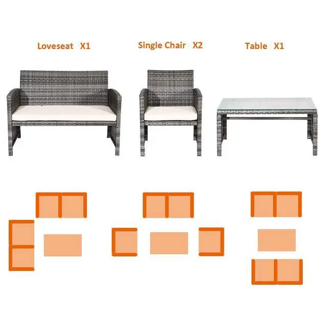 Alt view image 6 of 6 - Rattan Patio Furniture Set 4 Pieces, Outdoor Wicker Conversation Sofa and Table Set with Soft Cushions & Tempered Glass Coffee Table for Balcony Garden Backyard (Beige(Mixed Color Wicker))