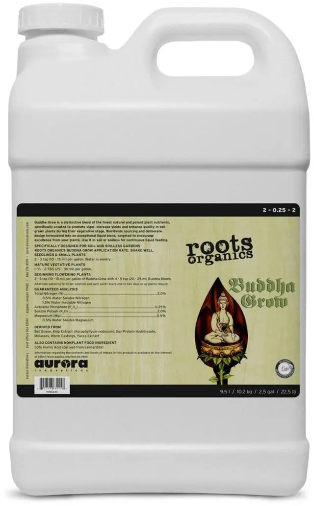 Main image of Roots Organics Buddha Grow, Liquid Plant Food & Base Fertilizer for Vegetative Growth in Soil & Soilless Gardens, Strong Roots & Lush Foliage, 2.5 Gal