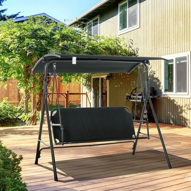 Alt view image 2 of 6 - 3-Person Porch Swing with Stand, Outdoor Swing for Patio Porch with Adjustable Tilt Canopy and Comfortable Swing Bench-Style Seat, Steel Frame, Black