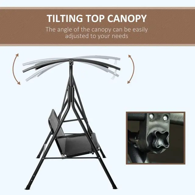 Alt view image 3 of 6 - 3-Person Porch Swing with Stand, Outdoor Swing for Patio Porch with Adjustable Tilt Canopy and Comfortable Swing Bench-Style Seat, Steel Frame, Black