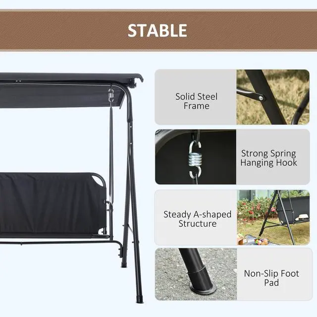 Alt view image 4 of 6 - 3-Person Porch Swing with Stand, Outdoor Swing for Patio Porch with Adjustable Tilt Canopy and Comfortable Swing Bench-Style Seat, Steel Frame, Black